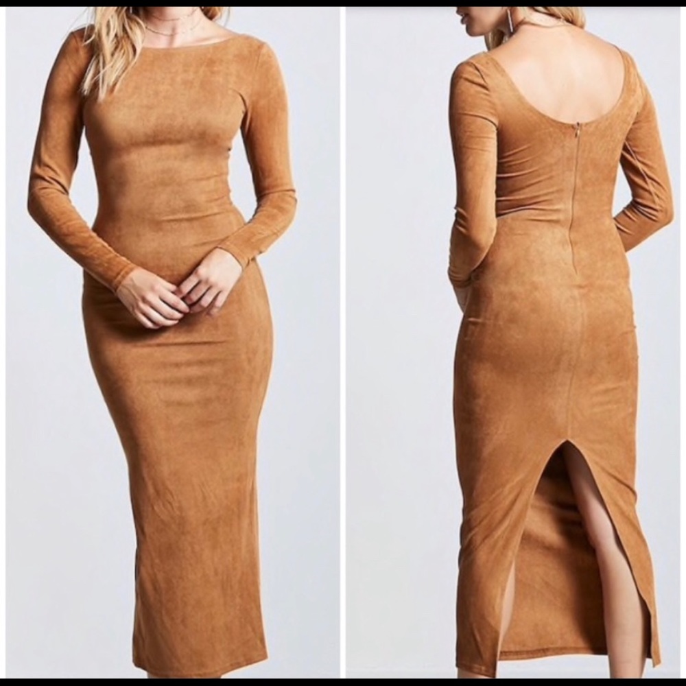 Faux Suede Brown Camel Maxi Long Sleeve Dress Small